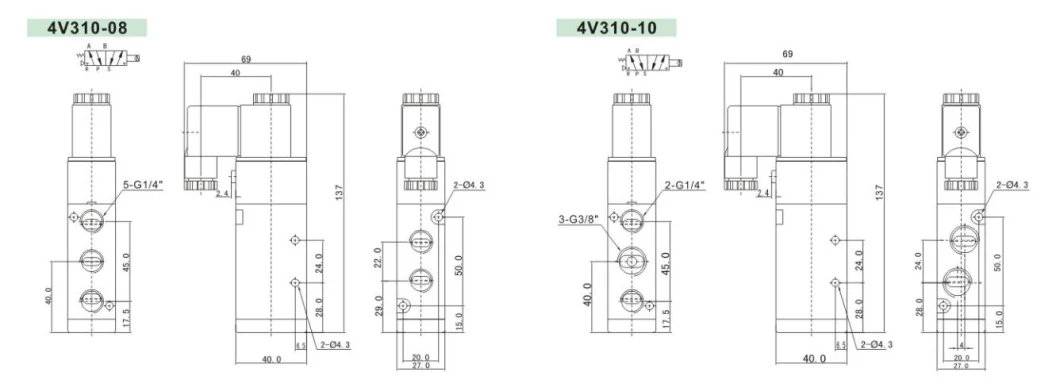 4V300 Series Airtac Type Two Positon Five Way Pneumatic Solenoid Valves 24V 220V